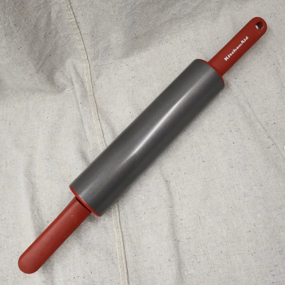 KitchenAid Carbon Steel Nonstick Heavy Rolling Pin Offset Handles Red & Gray